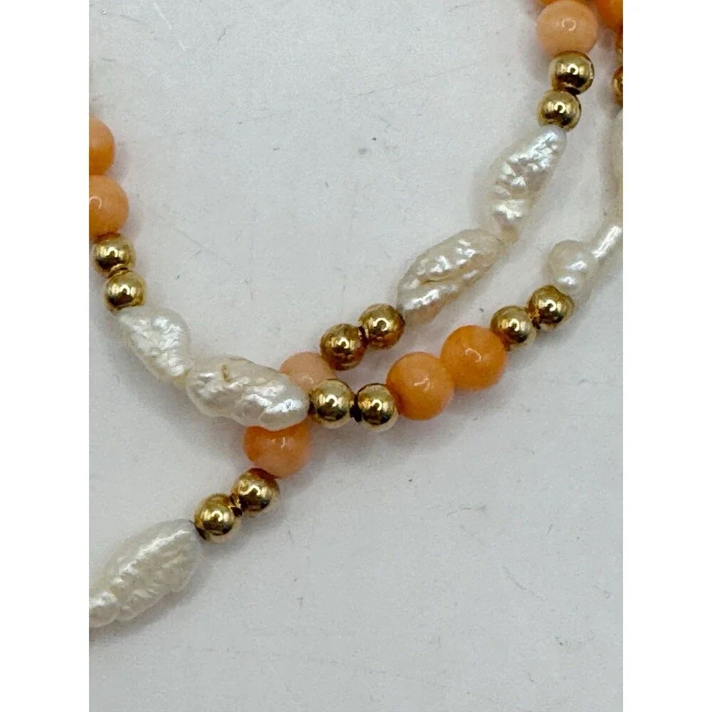 Vtg 14K Yellow Gold Angel Skin Coral Freshwater Pearl Necklace 19” Quiet Luxury